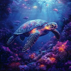 Obraz premium Underwater adventure sea turtle exploration in vibrant coral reef ocean depths nature photography serene viewpoint marine life conservation