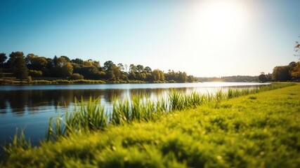 Obraz premium A peaceful lake scene with a blurred green grassy shore and trees in the background under a sunny sky, natural colors, blurred park scenery