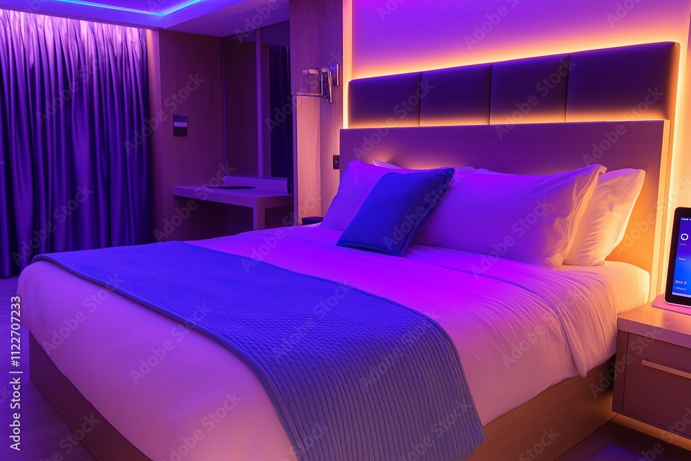 Poster a modern bedroom with color-changing smart lights controlled via a tablet.