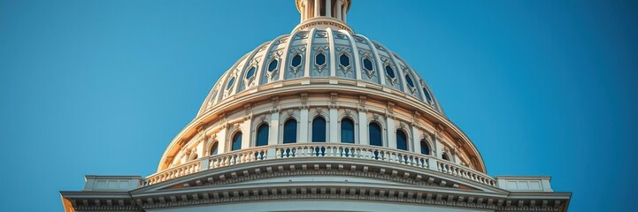 Architectural details of the United States Capitol Building's dome on a deep blue sky background, building exterior, america, capitol building
