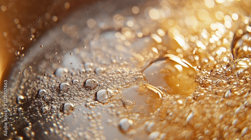 Poster abstract macro photography of golden liquid with bubbles, close-up view of sparkling droplets and ai