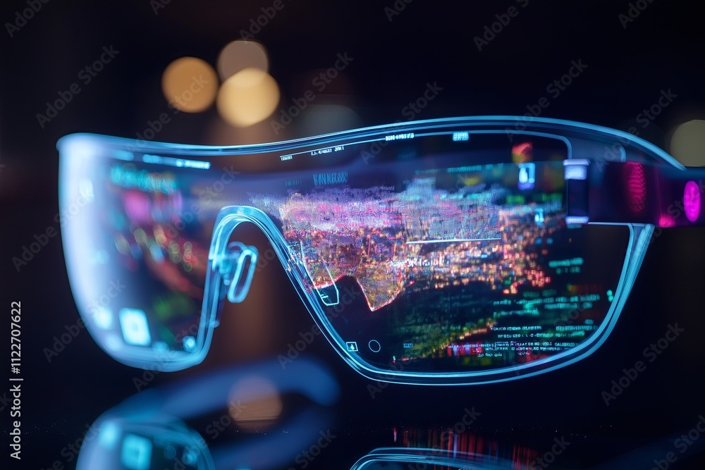 Poster a pair of augmented reality glasses projecting a 3d map in the wearer's view