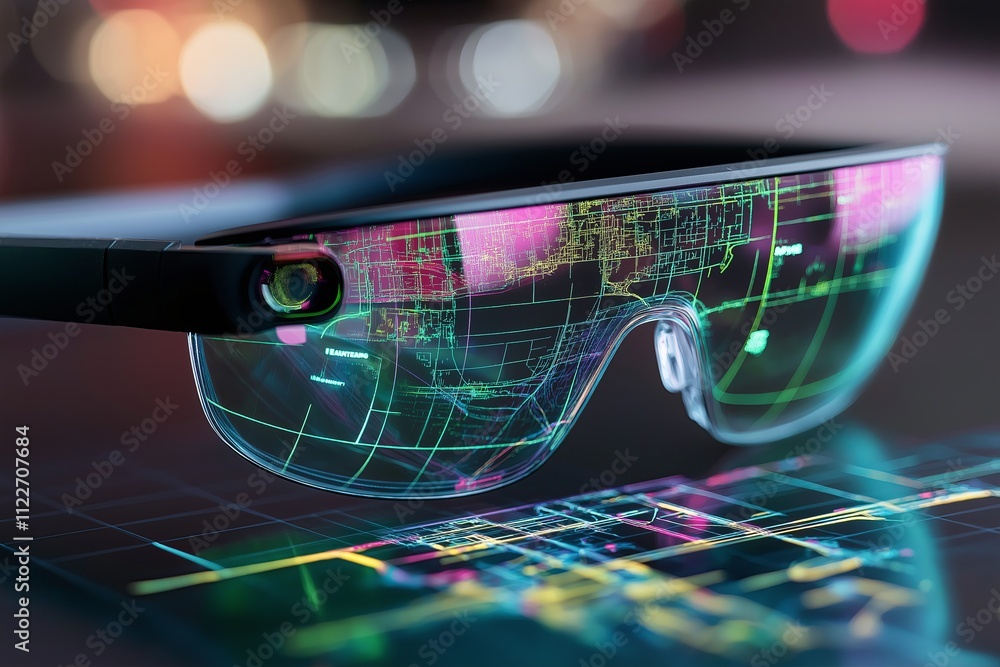 Poster a pair of augmented reality glasses projecting a 3d map in the wearer's view