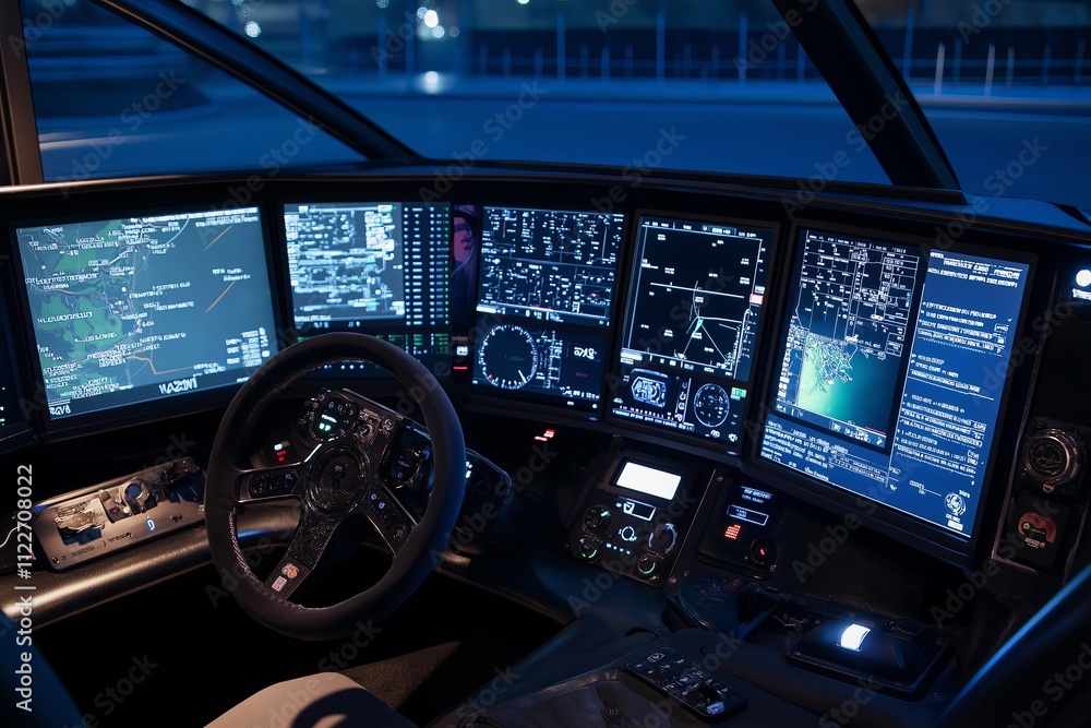 Poster A professional racing simulator setup with a high-tech steering wheel and multiple screen