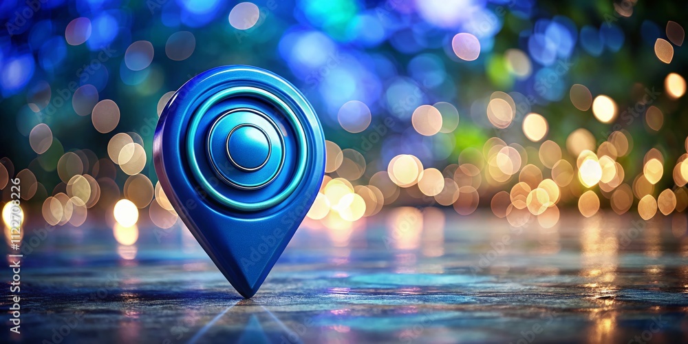Poster 3d realistic blue map pin gps pointer with bokeh effect for destination marking, symbolizing aim and