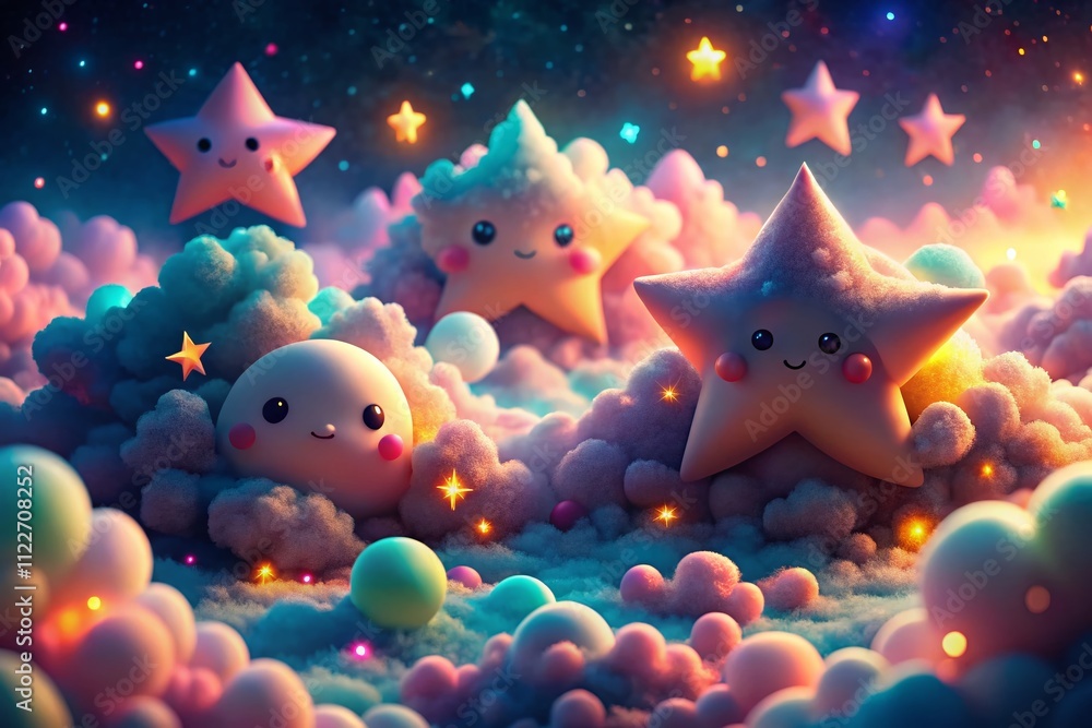 Poster 3d rendered kawaii stars and clouds floating in a dark sky with bokeh effect for a dreamy nighttime 