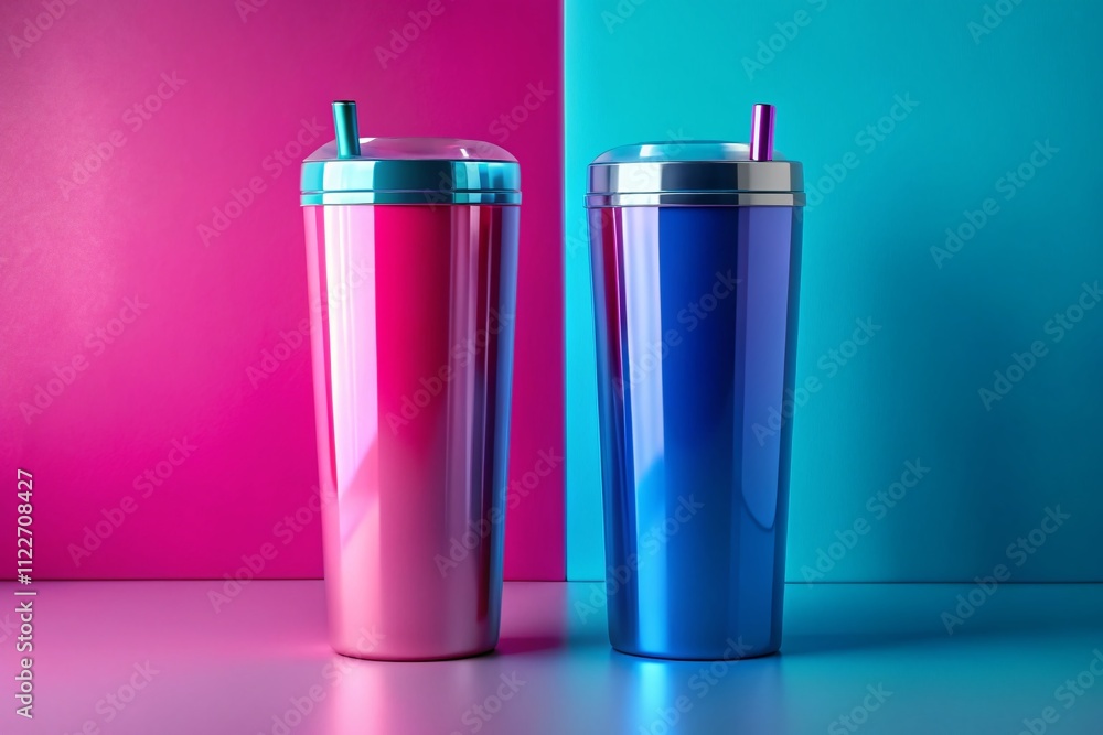 Poster 3d rendering tumbler bottle mockups in blue and pink colors with a clean background and copy space f