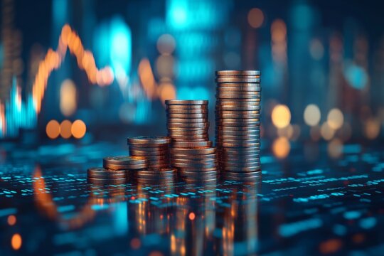 A stack of coins is on a table with a city skyline in the background