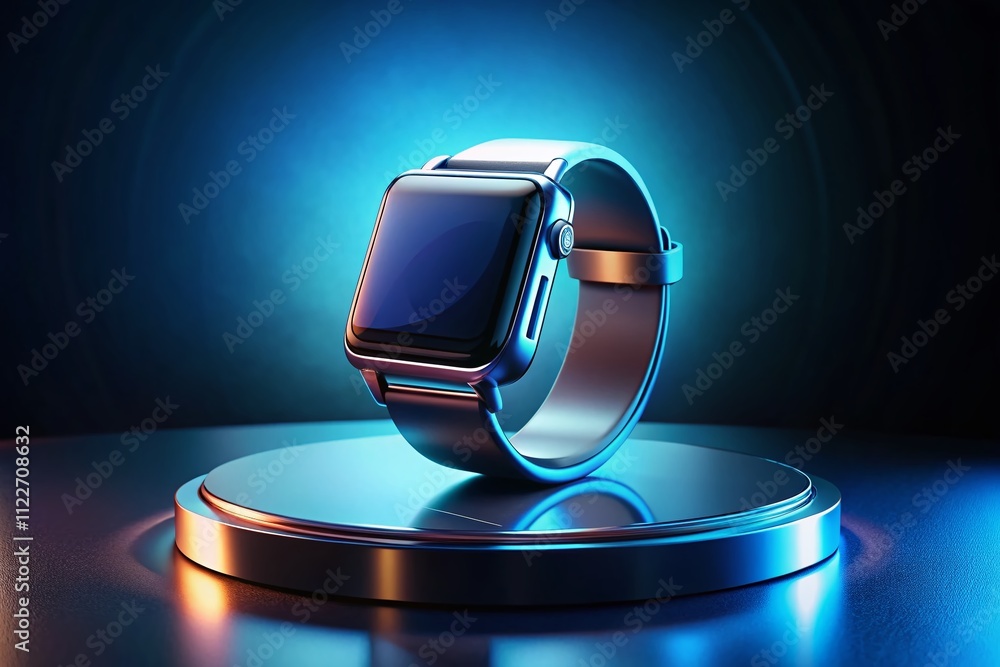 Poster 3d smartwatch podium display with blue glow effect in minimalist dark background for modern tech con