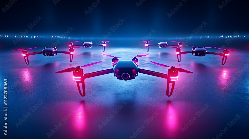Poster autonomous drone swarm spectacle, a mesmerizing display of synchronized drones illuminating the nigh