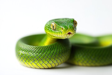 Fototapeta premium Coiled green snake on white background.