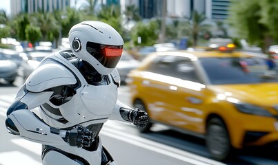 Fototapeta premium Autonomous Robot Navigating Busy Urban Crosswalk, A futuristic robot carefully maneuvering through a bustling street filled with pedestrians.