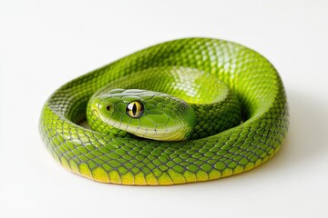Obraz premium Coiled green snake on white background.