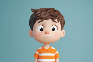 Sad stressed disappointed cartoon character young man male boy person wearing shirt and sweater in 3d style design on light background.