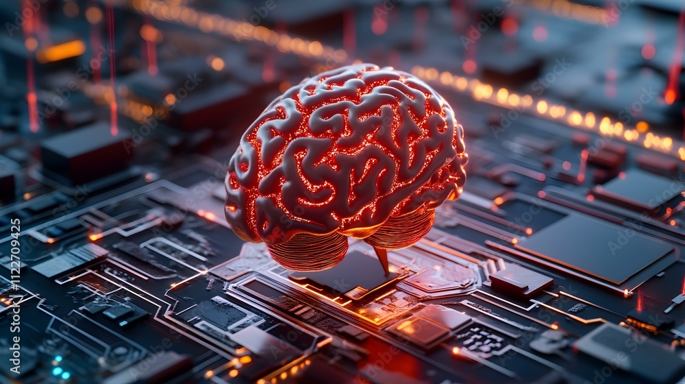 Poster brain-computer interface interaction, a futuristic scene showcasing neural connections controlling d