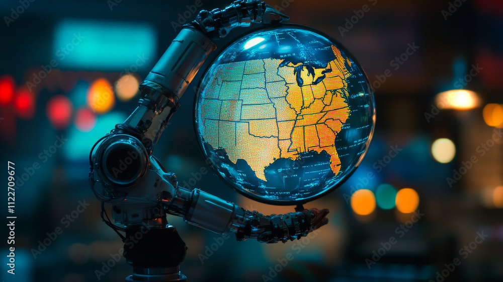 Poster white robot hand on blurred background using globe network hologram with america usa map 3d renderin