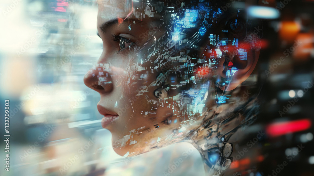 Poster white woman cyborg on blurred background creating artificial intelligence 3d rendering