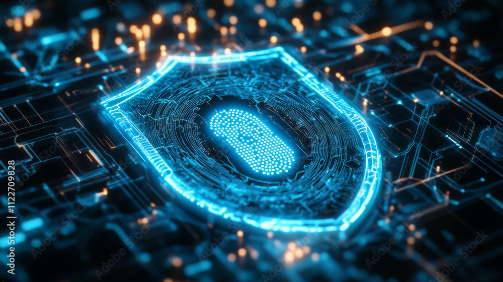 Poster artificial intelligence, robot, shield and lock with fingerprint hologram, fingerprint scanner. data