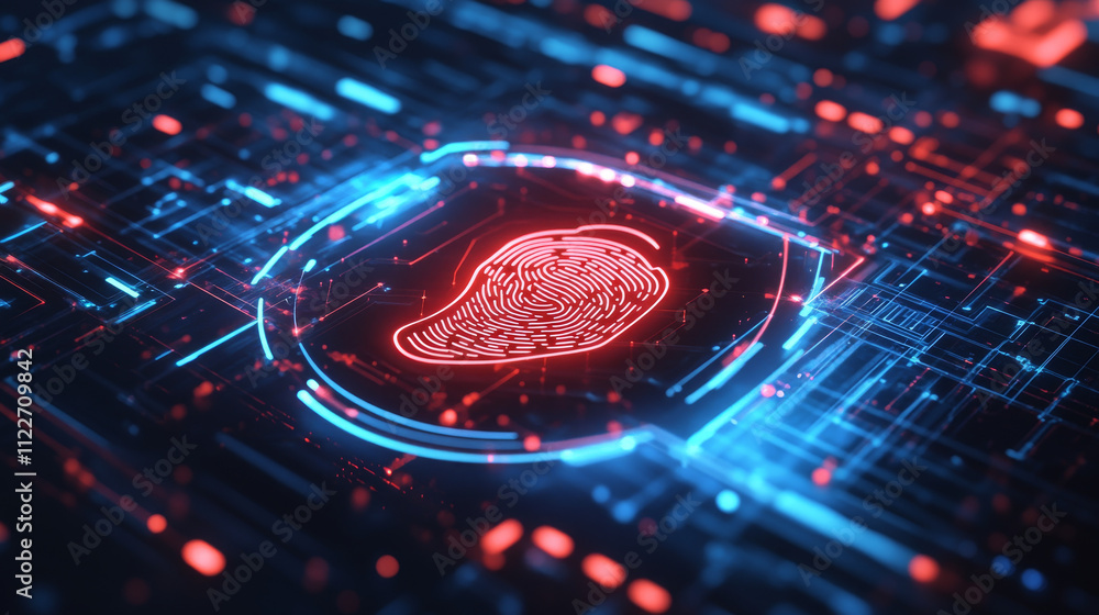 Poster artificial intelligence, robot, shield and lock with fingerprint hologram, fingerprint scanner. data