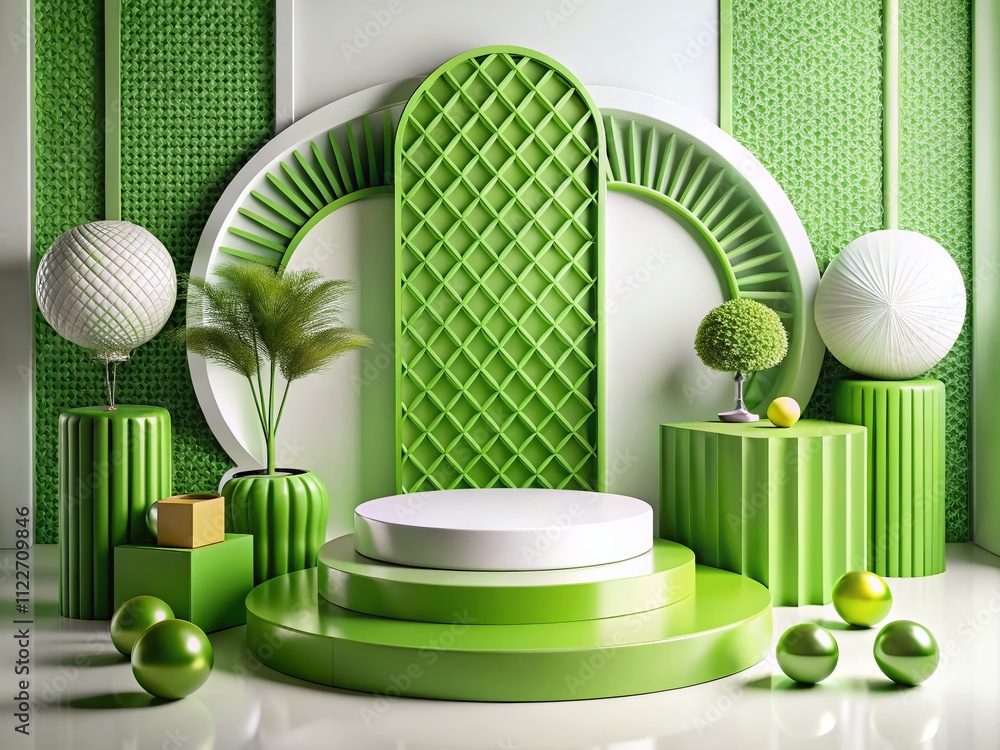 Poster abstract 3d rendering of green geometric podium platform with decorative elements on isolated backgr