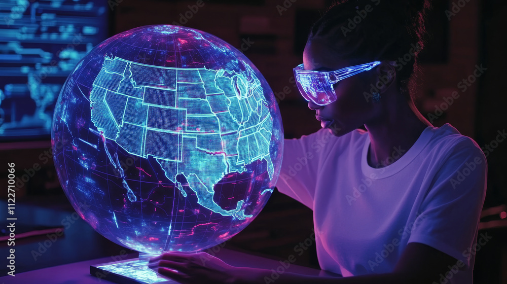 Poster white robot woman on blurred background using globe network hologram with america usa map 3d renderi