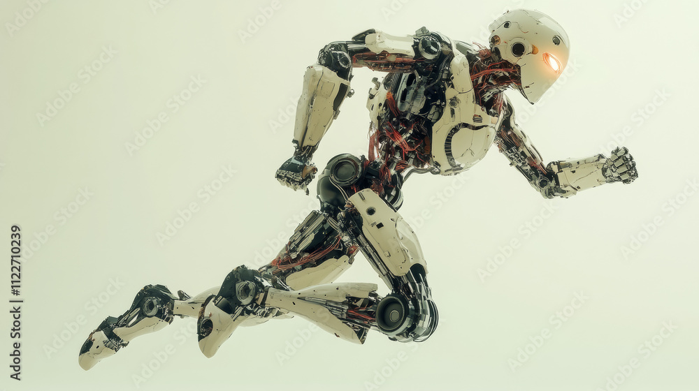 Poster running robot humanoid showing fast movement and vital energy in concept of future innovation develo
