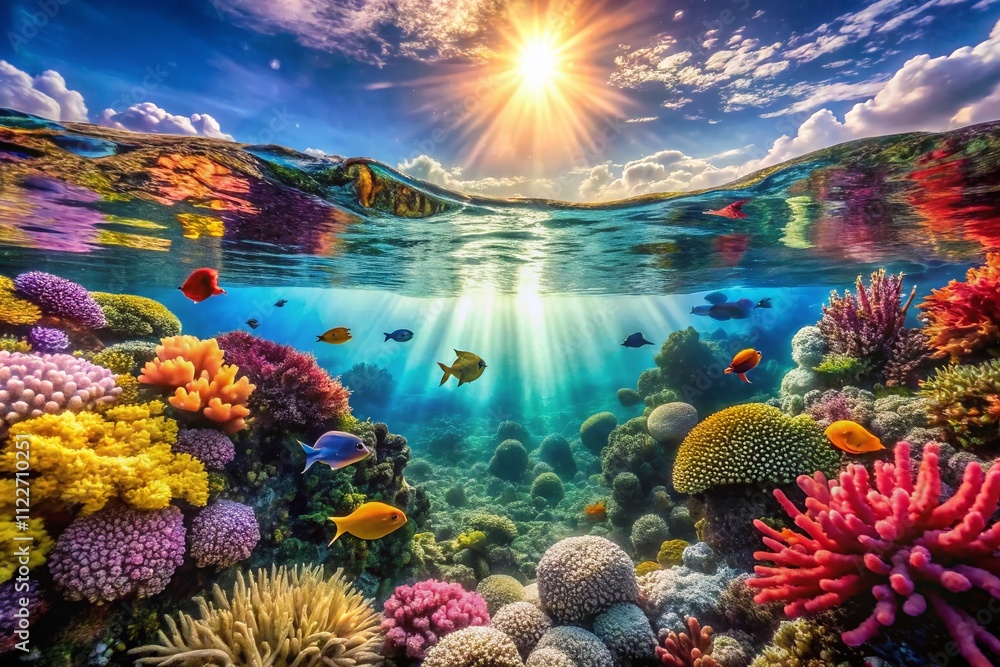 Poster abstract and vibrant underwater scene with light reflections creating a cosmic and ethereal effect, 