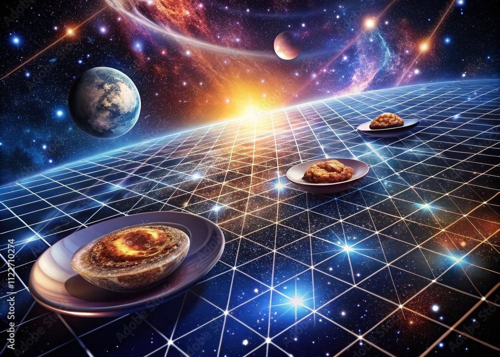 Poster abstract animated space with galaxies and stars over dark matter, featuring geometric patterns and n