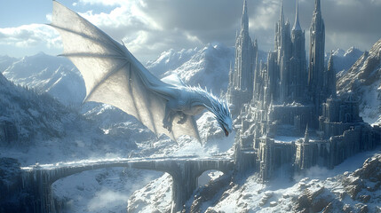 Majestic dragon soaring over enchanted castle in winter landscape fantasy art dramatic viewpoint epic adventure concept