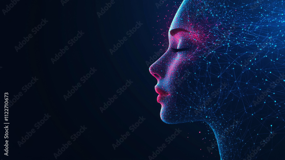 Poster neon face silhouette in cyberspace. digital technology abstract conceptual banner. human neon face i
