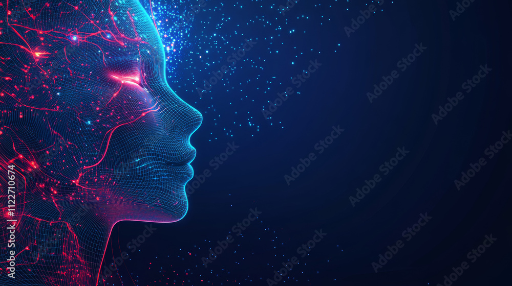 Aufkleber neon face silhouette in cyberspace. digital technology abstract conceptual banner. human neon face i