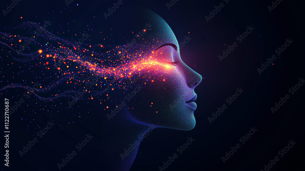 Aufkleber neon face silhouette in cyberspace. digital technology abstract conceptual banner. human neon face i