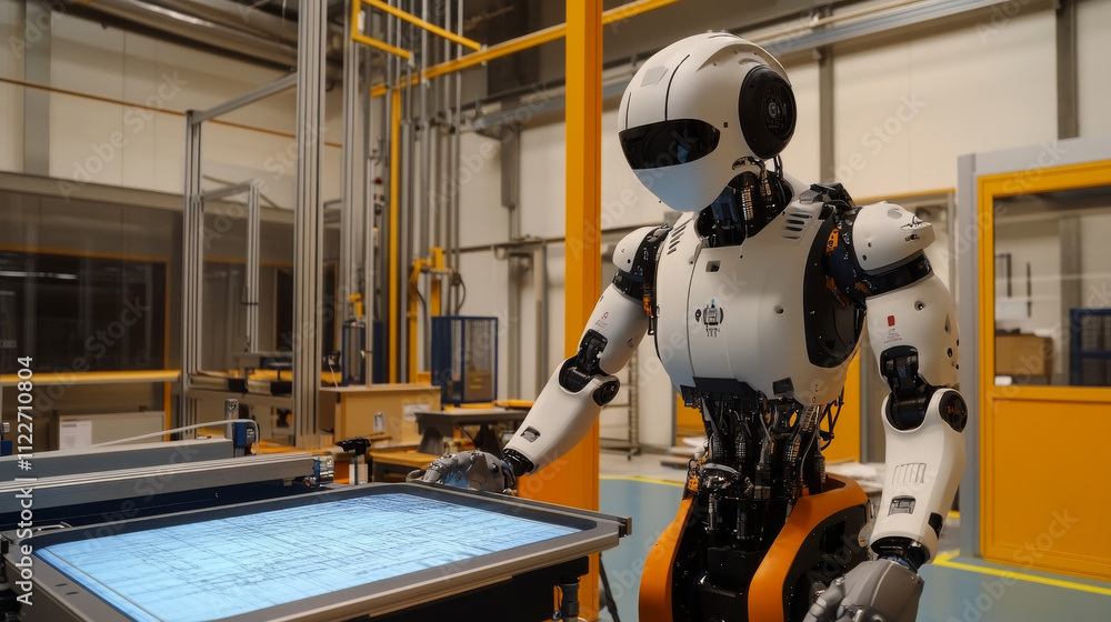 Poster robot or humanoid cyborg working with abstract tech hologram interface. futuristic ai in industry 4.