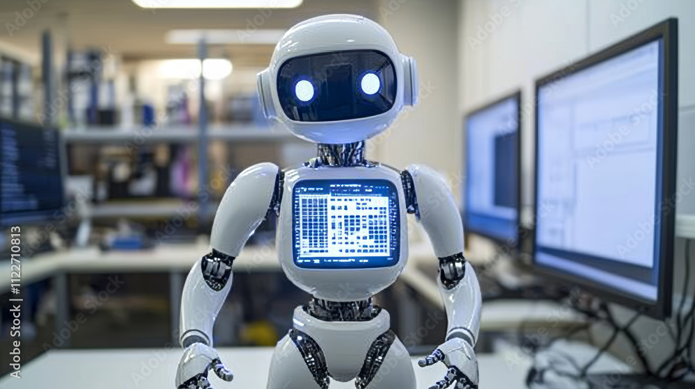 Poster robot or humanoid cyborg working with abstract tech hologram interface. futuristic ai in industry 4.