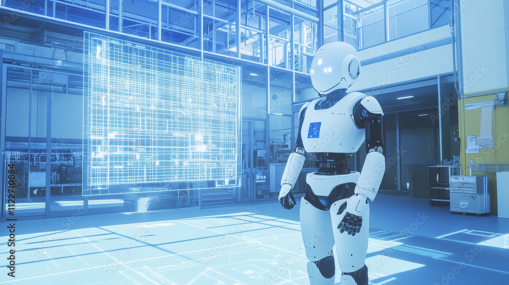 Poster robot or humanoid cyborg working with abstract tech hologram interface. futuristic ai in industry 4.