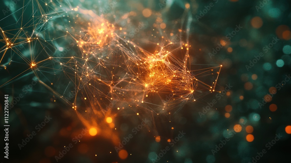 Poster abstract communication network with interconnecting lines and dynamic glowing elements.