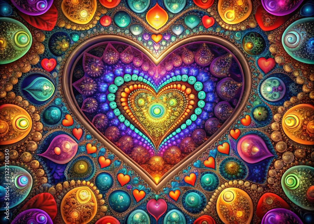Poster abstract background featuring fractal hearts in vibrant colors with a rule of thirds composition for