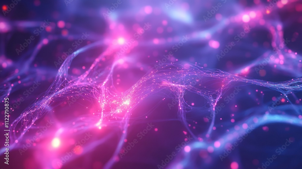 Poster abstract communication network with interconnecting lines and dynamic glowing elements.