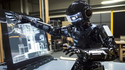 Robot or humanoid cyborg working with abstract tech hologram interface. Futuristic AI in industry 4.0 develops industrial virtual drawings details. Humanoid android back view looking on screen.