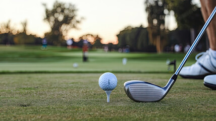 Golf Scene with Ball on Tee Ready to Be Hit, Shiny Reflective Club Head Poised for Strike, Blurred Background Emphasizing Foreground, Soft Early Morning or Late Afternoon Lighting for Serene Atmospher