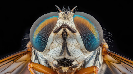 Fototapeta premium Close-Up of Fly's Head with Emphasis on Compound Eyes, Large Round Eyes Featuring Mesmerizing Blue, Orange, and Black Patterns, Visible Sharp Mouthparts, Black Background Highlighting Vivid Colors 