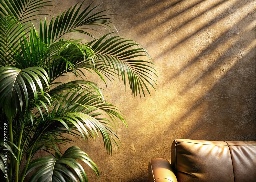 Poster abstract background of smooth stucco leather wall with dappled light and tropical leaf shadows creat