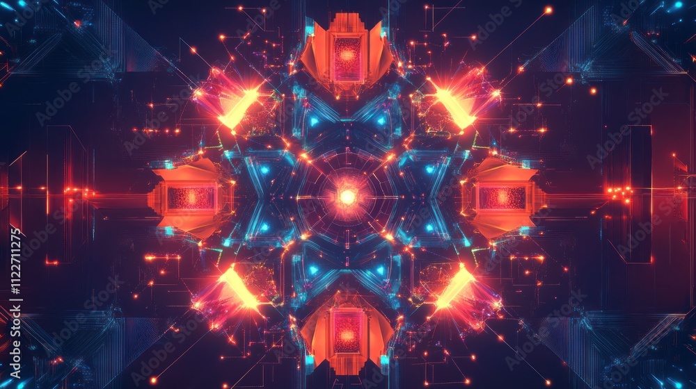 Aufkleber abstract futuristic communication patterns with glowing nodes and geometric designs.