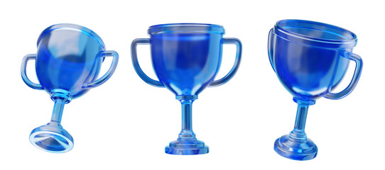 Blue glass trophies in different positions on a white background. 3D Rendering
