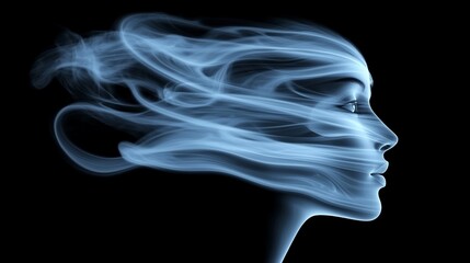 Obraz premium Profile of ethereal female face formed from swirling blue smoke against a black background.