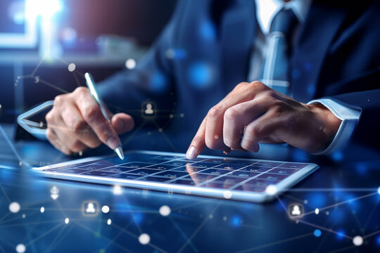 Business planning, calendar agenda, scheduling, and project management. A businessman manages time using a virtual calendar for reminders and appointments.