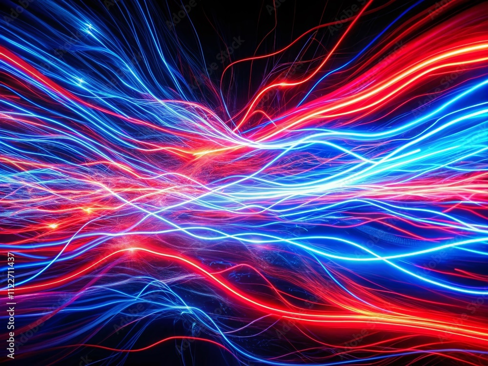 Poster abstract background with flowing red and blue lines illustrating the transition from ac to dc electr