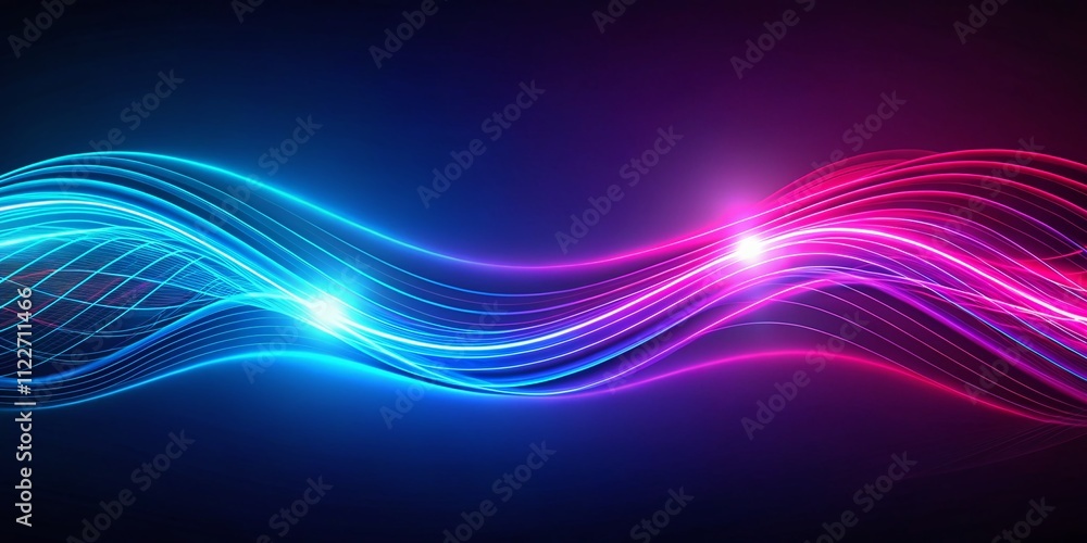 Poster abstract background with glowing wavy lines in bright blue and pink on dark horizontal canvas for fu