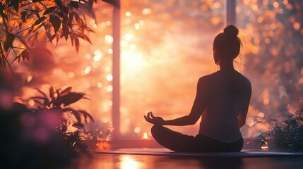 Whimsical scene of a person practicing gentle yoga, focusing on joint-friendly poses, surrounded by soft light and peaceful vibes.