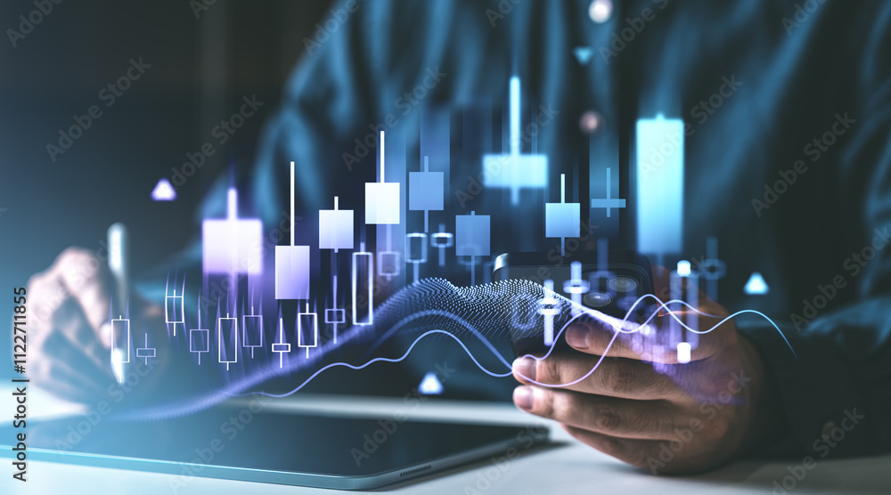 Aufkleber financial trader analyzing stock market candlestick chart with futuristic interface.